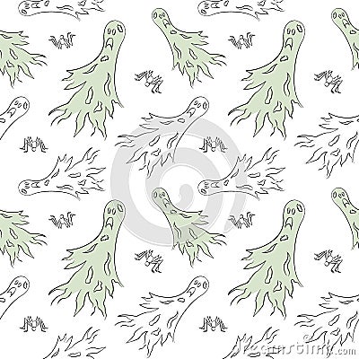 Spooky Halloween seamless pattern with scary ghosts and spiders Vector Illustration