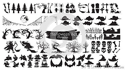 Spooky Halloween Silhouette Elements Vector Collection isolated Vector Illustration