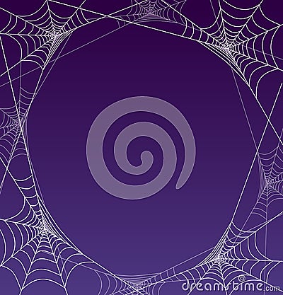 Spooky halloween spider web frame with purple background. Vector Illustration