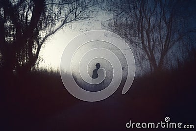 A spooky, horror concept. Of a scary shadow person with a hat standing in a country road. With trees silhouetted against the fog Stock Photo