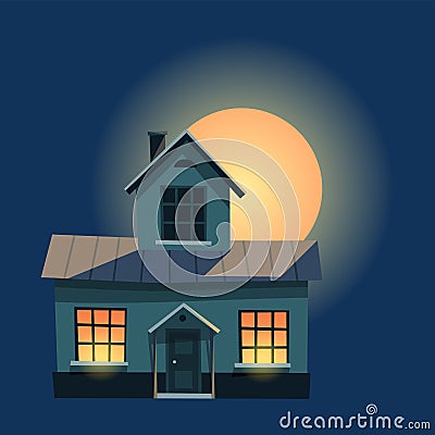 Spooky house. Dark scary house in night. Horror nightmare on moonlight illustration. Creepy building isolated on dark Vector Illustration