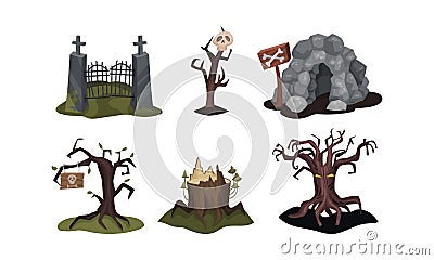 Spooky Trees, Cemetery Entrance Gate and Monster Cave. Halloween Vector Illustration Set Isolated On White Background Vector Illustration