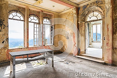 Spooky interior of abandoned ruined house Stock Photo