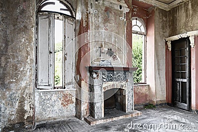 Spooky interior of abandoned ruined house Stock Photo