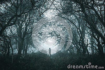 A spooky lone hooded figure on a path in a foggy forest in winter with a dark muted edit Stock Photo