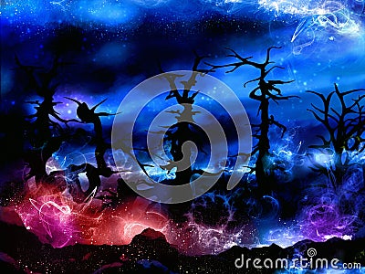 Spooky magical forest with mysterious lights Stock Photo