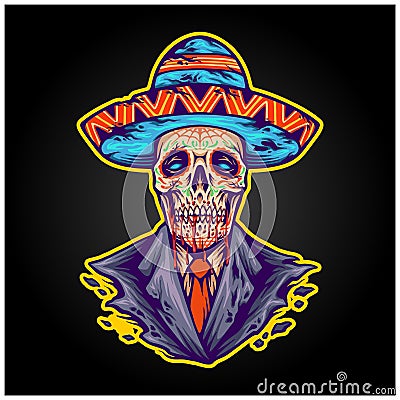 Spooky mexican muertos sugar skull sombrero hat logo illustrations Vector Illustration