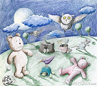 Spooky night in garden - animals and toys Cartoon Illustration