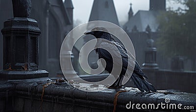 Spooky night, gothic tombstone, black crow perching on branch generated by AI Stock Photo