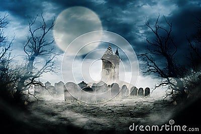 Spooky night scene background composition. Halloween composition design with scary dark forest, haunted house and graveyard. Myste Stock Photo