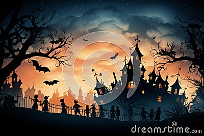 Spooky night scene skeletons, witches, bats, graveyard in dark orange and light indigo tones Stock Photo