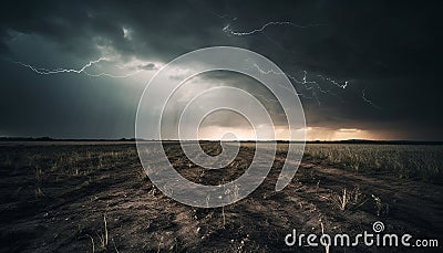The spooky night sky flashed with bright thunderstorm over rural farm generated by AI Stock Photo
