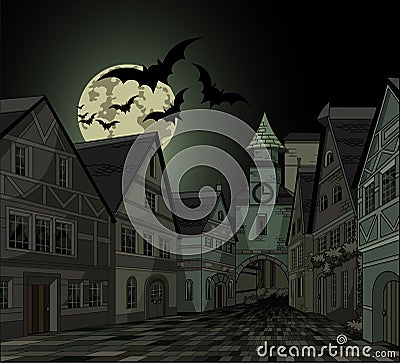 Spooky night at town Vector Illustration