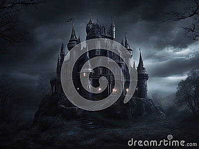 Spooky old gothic castle, Halloween castle in the forest at night, 3D rendering, Mysterious medieval castle on a rocky mountain Stock Photo