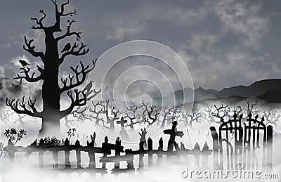 Spooky old graveyard inside the white fog clouds. Cemetery with broken fence, gates, woods, tombs and ravens sitting on Vector Illustration
