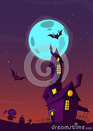 Spooky old haunted house with ghosts. Halloween cartoon background. Vector illustration. Vector Illustration