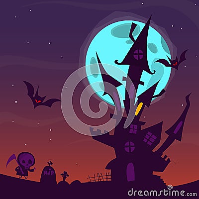 Spooky old haunted house with ghosts. Halloween cartoon background. Vector illustration. Vector Illustration