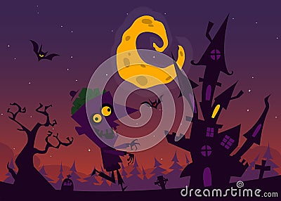 Spooky old haunted house with ghosts. Halloween cartoon background. Vector illustration. Vector Illustration