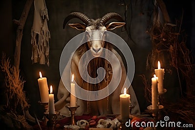 Spooky portrait of an evil goat in a Halloween setup in studio, dramatic lighting. Created with generative AI Stock Photo