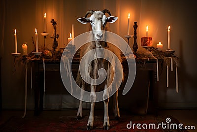 Spooky portrait of an evil goat in a Halloween setup in studio, dramatic lighting. Created with generative AI Stock Photo