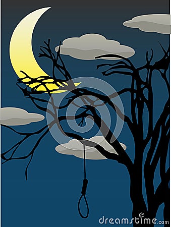 Spooky Quarter Moon bare tree hanging noose Vector Illustration