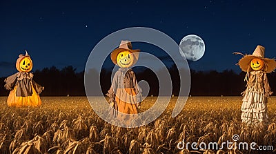 Spooky scarecrows gathered in a moonlit cornfield Stock Photo