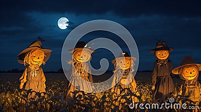 Spooky scarecrows gathered in a moonlit cornfield. Stock Photo