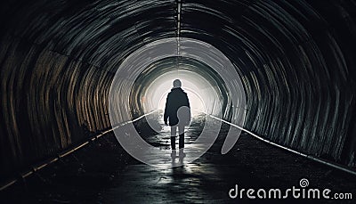 A spooky silhouette walking alone in the underground tunnel generated by AI Stock Photo
