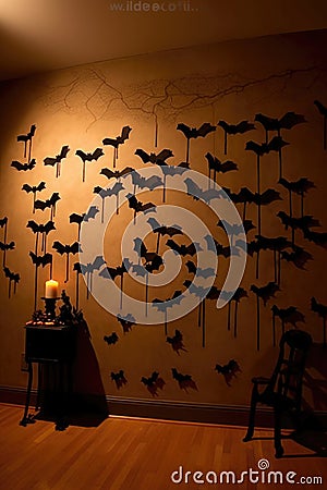 spooky silhouettes of bats and spiders on a wall Stock Photo