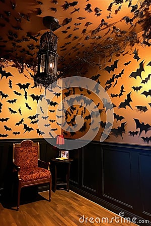 spooky silhouettes of bats and spiders on a wall Stock Photo