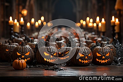 Spooky squad of jack o lanterns sets a haunting Halloween mood Stock Photo