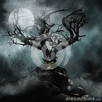 Spooky tree and moon Stock Photo