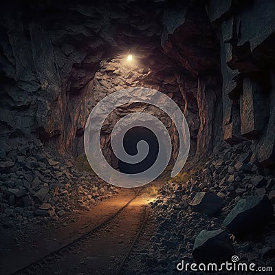 Spooky tunnel of an abandoned mine with rusted rail tracks leading into darkness. Generative AI illustration Cartoon Illustration