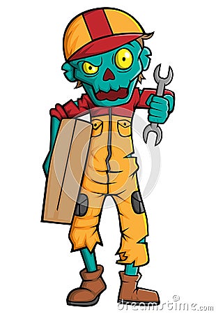 Spooky zombie mechanic cartoon character on white background Vector Illustration