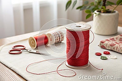 A spool of red thread on a table, AI. A spool of red thread on a table AI generated Stock Photo
