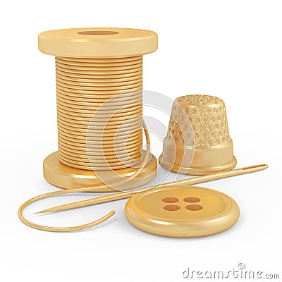 Spool thread needle button and thimble on a white background. Gold material. Stock Photo