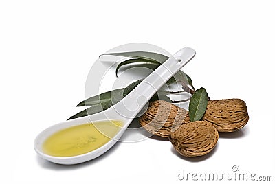 Spoon with almond oil. Stock Photo