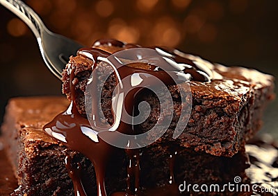 Spoon with brownie chocolate cake piece.Macro.AI Generative Stock Photo