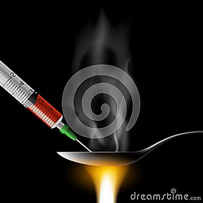 Spoon with drug and syringe. Bad habit. Overdose and death from Vector Illustration