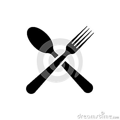 Spoon and fork crosswise black silhouette icon. Kitchen appliances. Vector Illustration