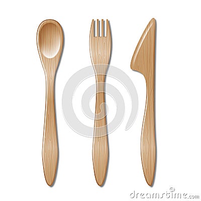 Spoon, fork and knife isolated on white background. Set of wooden cutlery, spoon, disposable fork and knife. vector Vector Illustration