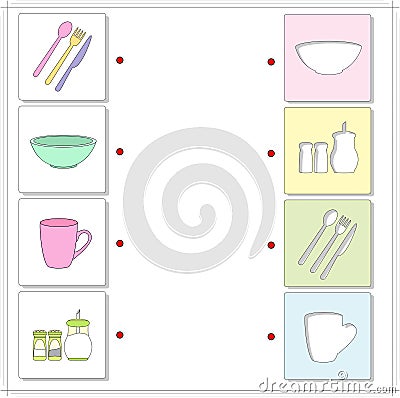 Spoon, fork, knife, plate, cup, sugar, salt, pepper. Educational Vector Illustration