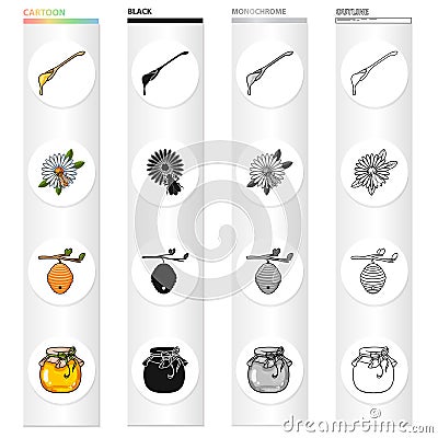 A spoon of honey, an apiary, a bee on a flower, a beehive of wild bees, a honey bank. Apiary set collection icons in Vector Illustration