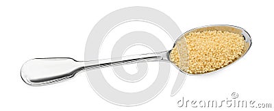 Spoon with raw couscous on white background, top view Stock Photo