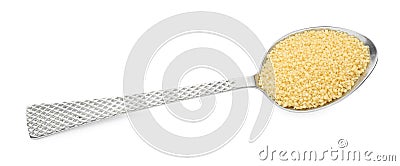 Spoon with raw couscous on white background, top view Stock Photo