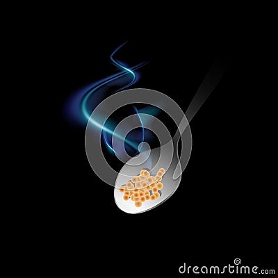 A spoon with steam emerges from the darkness and rushes to the mouth on a black background. Icon of hot food. Vector Isolated Vector Illustration