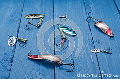 Spoon, tee, silicone bait for fishing. Front view. Stock Photo
