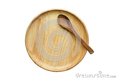 Spoon on wood plate, top view Stock Photo