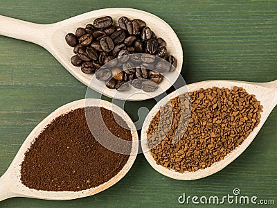 Spoonfuls of Instant Granulated and Roast Coffee Beans Stock Photo