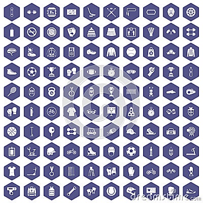 100 sport accessories icons hexagon purple Vector Illustration